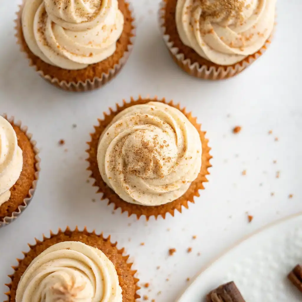 Overhead view of cupcakes topped with swirls of light coffee-coloured frosting and a dusting of spice