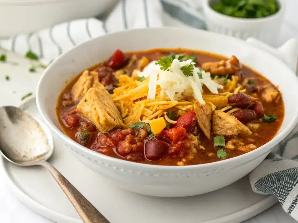 A white bowl of red chili with pieces of chicken, kidney beans and diced pepper, topped with shredded cheese and chopped herbs