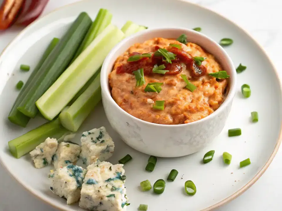 A white bowl of orange buffalo chicken dip topped with green onions, on a plate with celery sticks and crumbled blue cheese