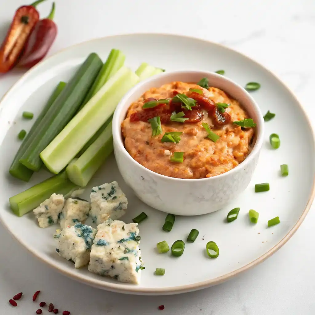 A white bowl of orange buffalo chicken dip topped with green onions, on a plate with celery sticks and crumbled blue cheese
