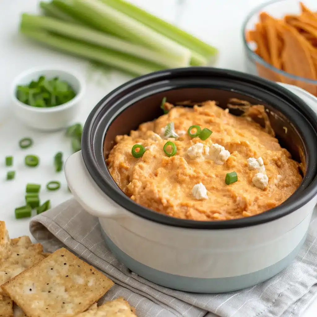 Buffalo chicken dip in a small slow cooker, topped with blue cheese and green onions, with celery sticks, carrot sticks and crackers alongside