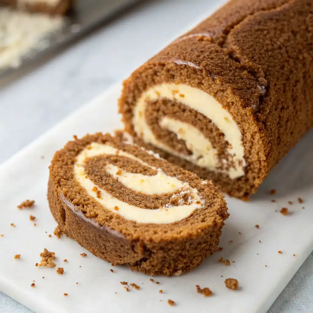 Gingerbread cake roll cut to show a spiral of cream cheese filling, on a white board