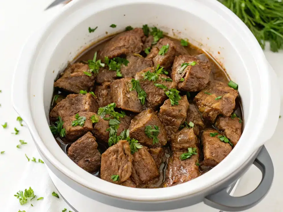 A white slow cooker insert full of large cubes of browned beef in a thin dark gravy, scattered with chopped parsley, with a bunch of herbs beside it.