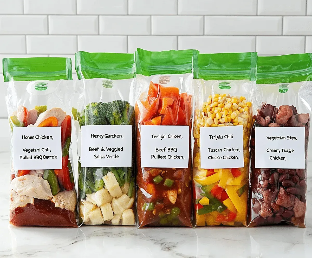 7 crockpot freezer meals in 20 minutes prepped in labeled bags on white counter