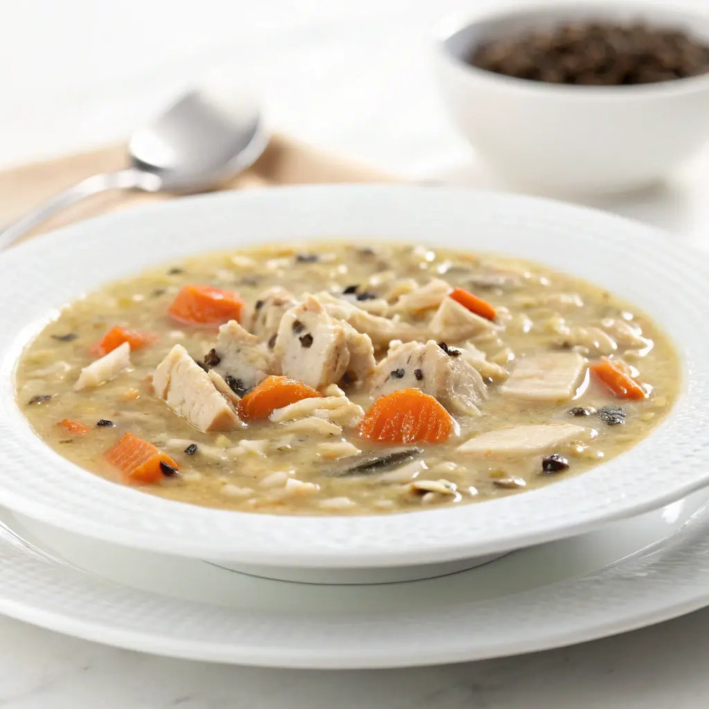 Bowl of creamy chicken and wild rice soup with carrots and visible wild rice grains
