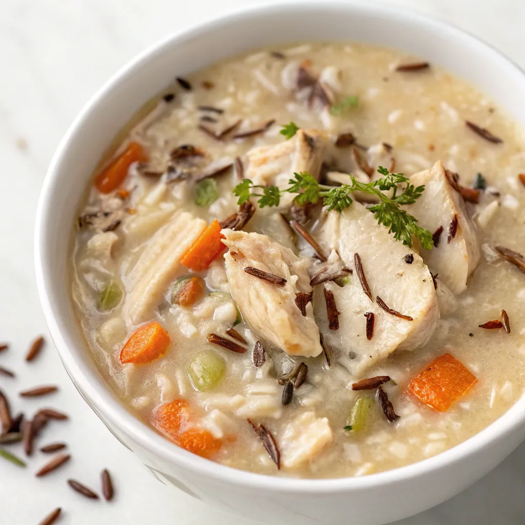 Bowl of creamy chicken and wild rice soup with chicken pieces, carrots, celery and a sprig of fresh herbs, with uncooked wild rice on the counter