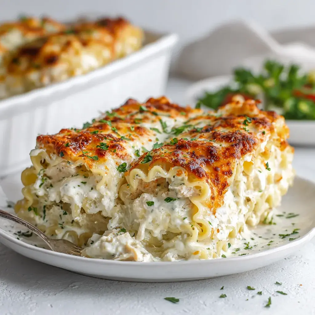 Chicken alfredo lasagna roll-ups topped with melted mozzarella and parsley