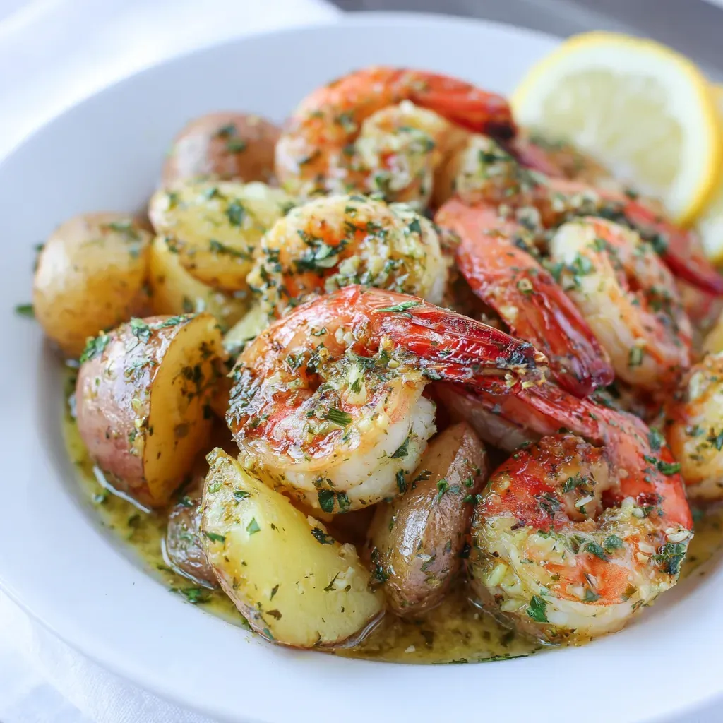 Garlic butter shrimp with halved baby potatoes in a white bowl, flecked with parsley, with a lemon wedge on the rim