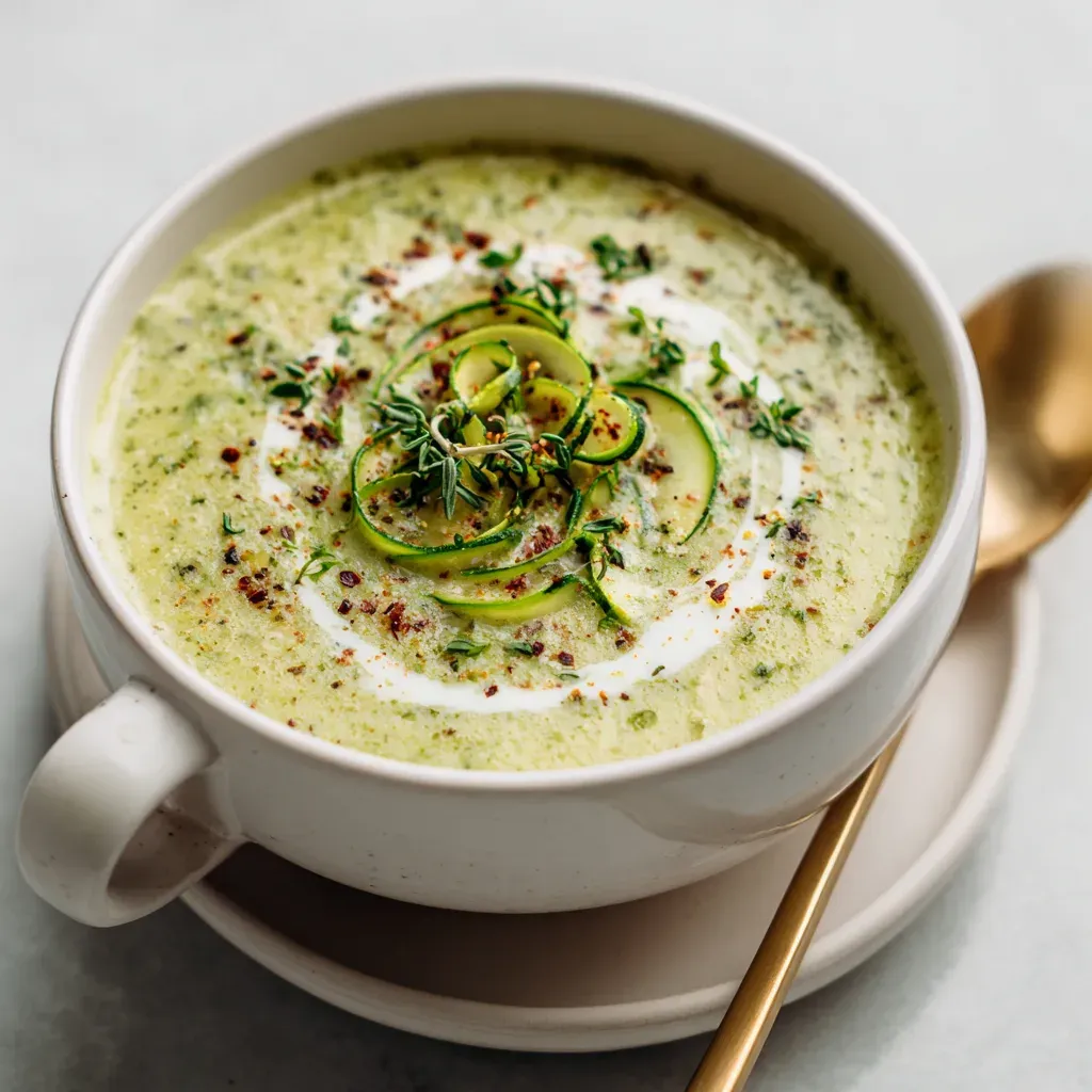 Pale green zucchini soup in a white mug-style bowl, topped with a swirl of cream, fresh zucchini ribbons, herbs and red pepper flakes