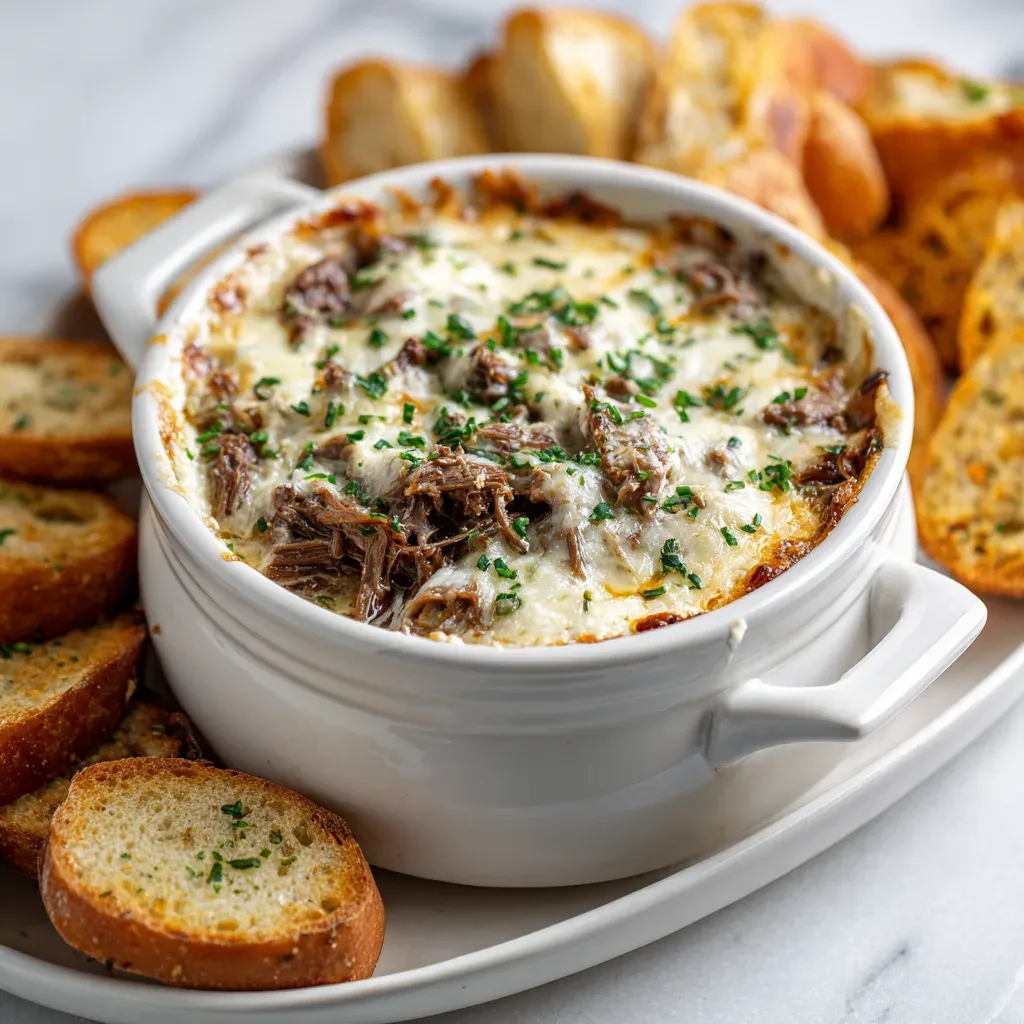 Baked cheesesteak dip with melted cheese, shredded beef and chopped parsley in a white crock, surrounded by toasted bread slices