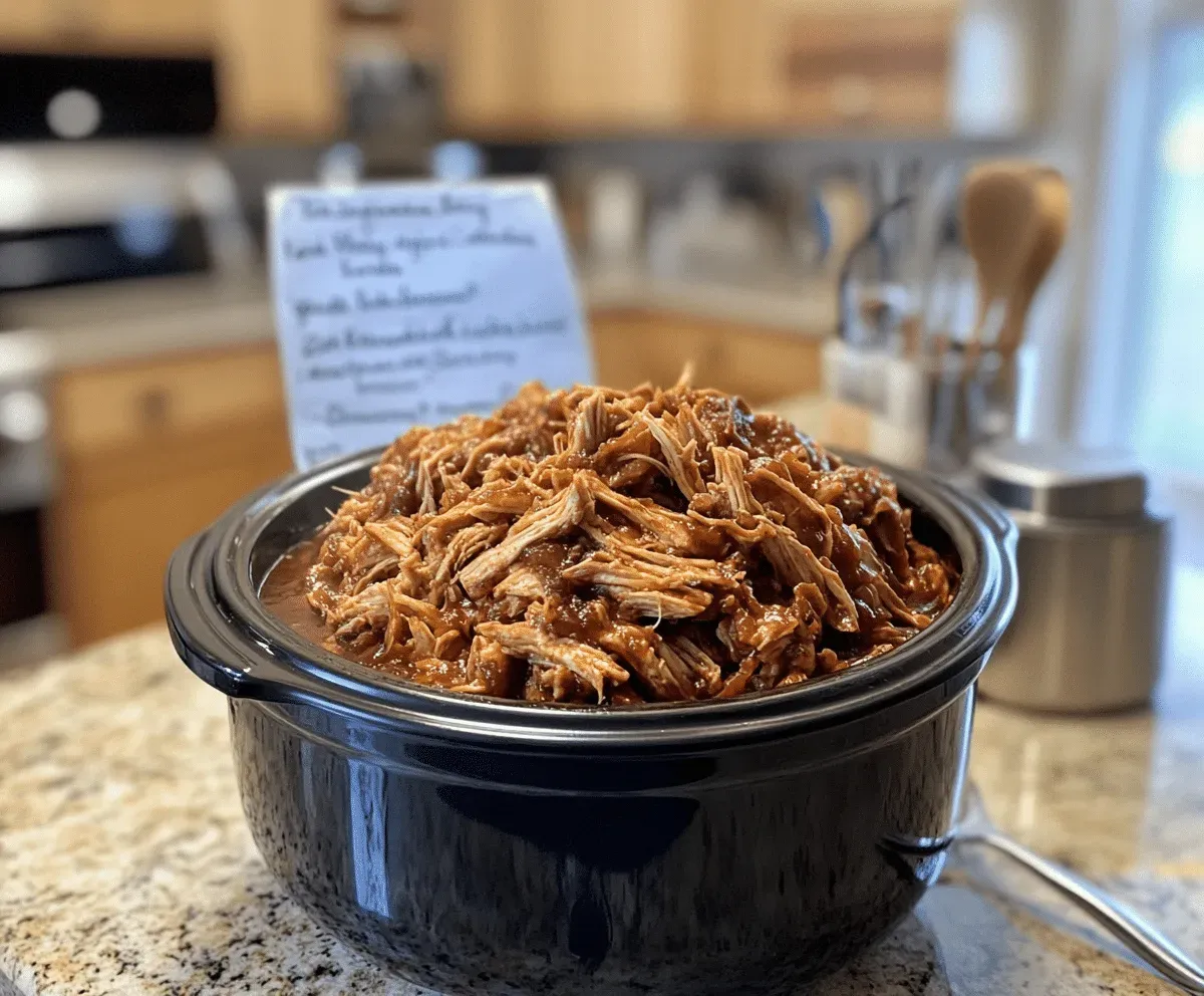 Slow cooker BBQ pulled chicken in a modern white kitchen setup