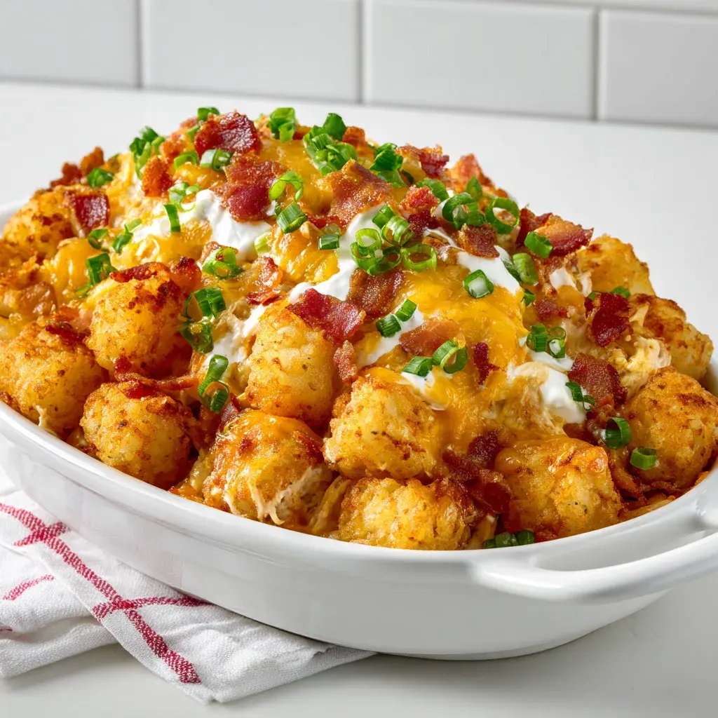 A white dish of golden tater tots over ranch chicken with melted cheddar, crumbled bacon, soured cream and sliced spring onion