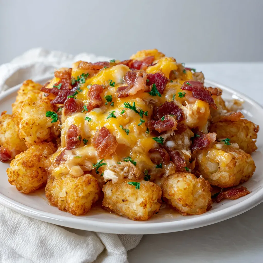 Tater tots topped with melted cheddar, crumbled bacon and sliced green onions on a white plate