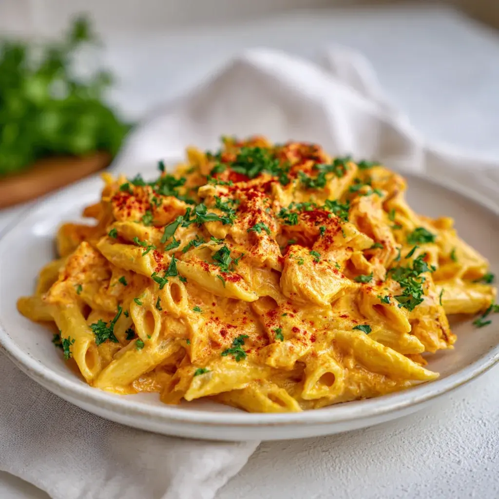 Penne in a creamy orange sauce with a dusting of red spice and chopped parsley on a white plate