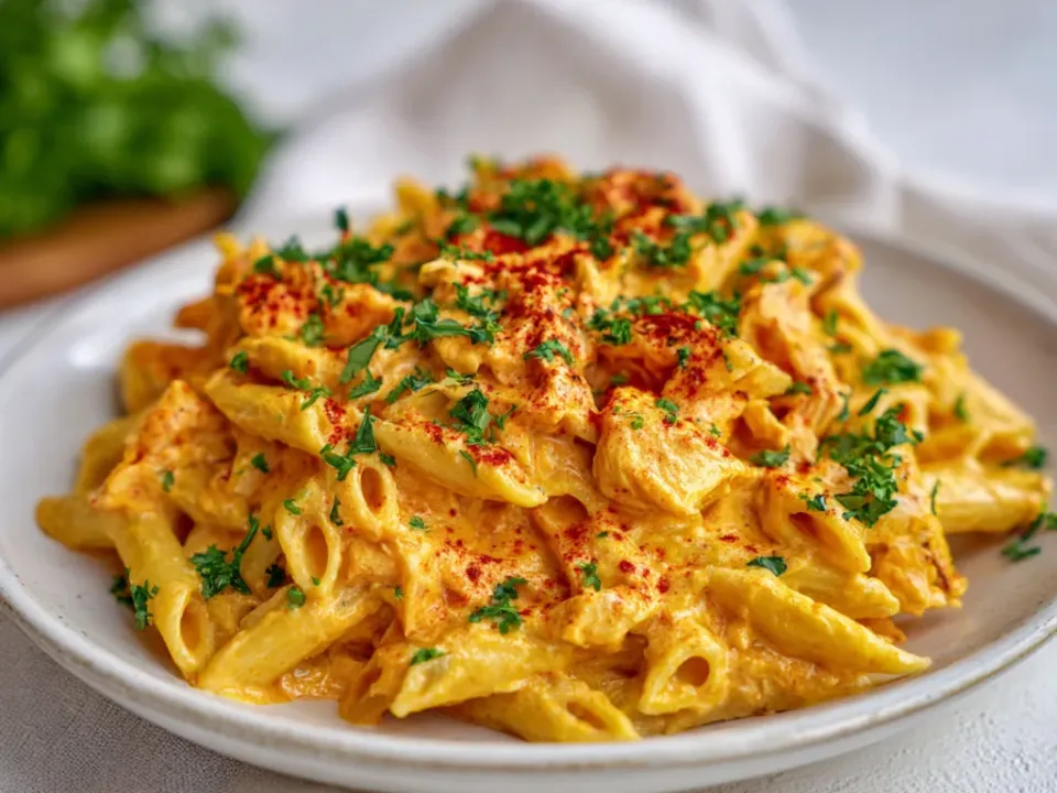 Penne in a creamy orange sauce with a dusting of red spice and chopped parsley on a white plate
