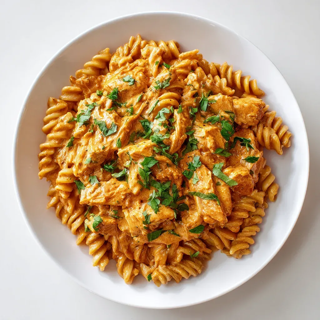Rotini pasta with shredded chicken in an orange buffalo cream sauce, sprinkled with chopped herbs, in a white bowl