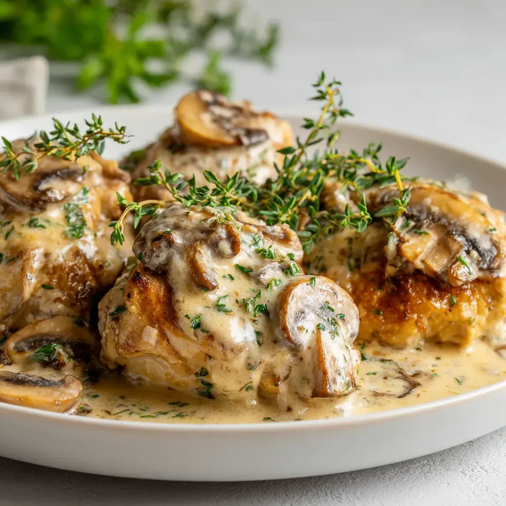Chicken with sliced mushrooms and fresh thyme sprigs in a creamy sauce on a white plate