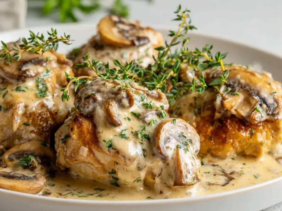 Chicken with sliced mushrooms and fresh thyme sprigs in a creamy sauce on a white plate