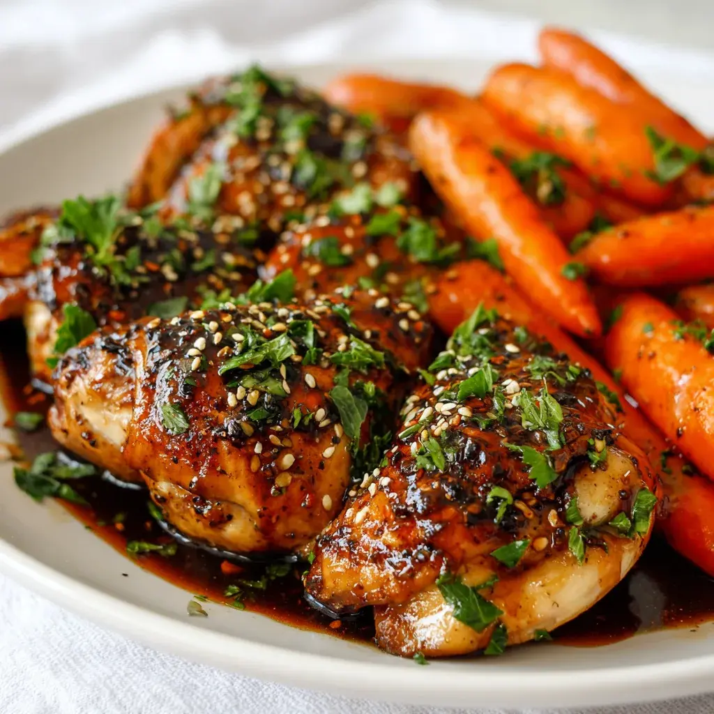 Bone-in chicken thighs in a dark mahogany balsamic glaze with whole baby carrots on a cream plate, scattered with sesame seeds and parsley