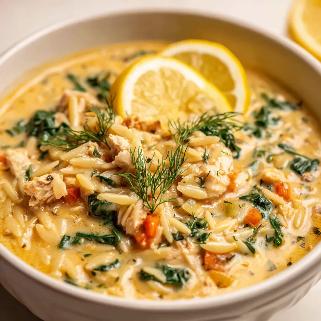 Crockpot Creamy Lemon Chicken Orzo Soup