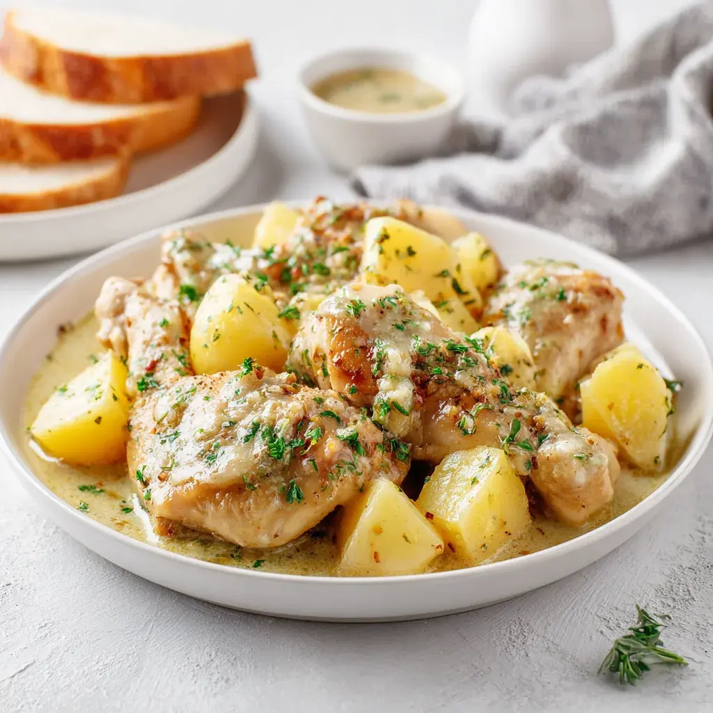 Plate of garlic parmesan chicken thighs with baby gold potatoes in cream sauce