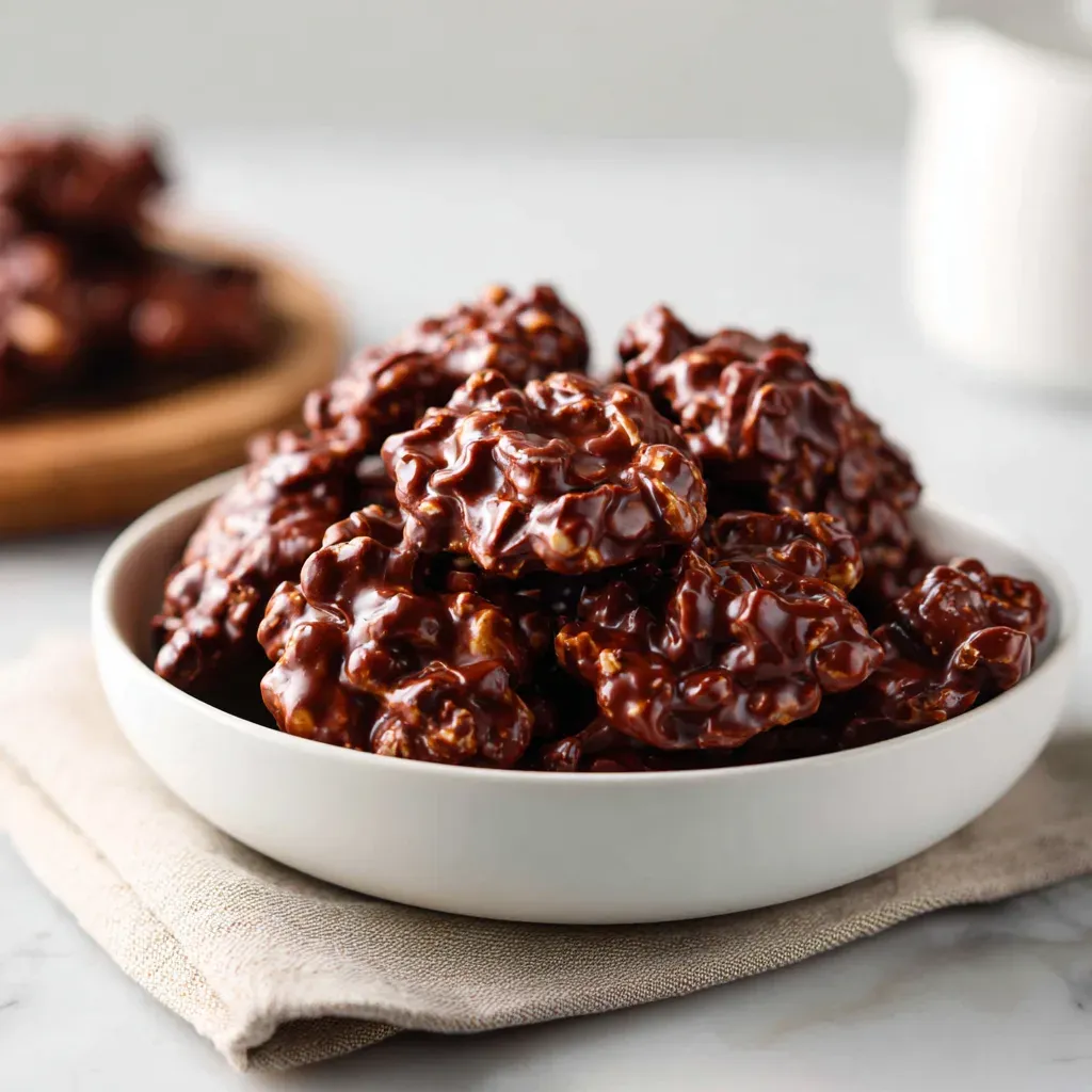 Chocolate peanut clusters piled in a small white bowl on a linen napkin