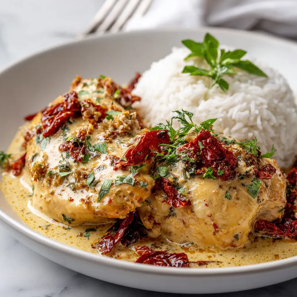 Chicken breasts in a creamy sauce with sun-dried tomatoes and chopped herbs, served beside a mound of white rice topped with a sprig of fresh herbs