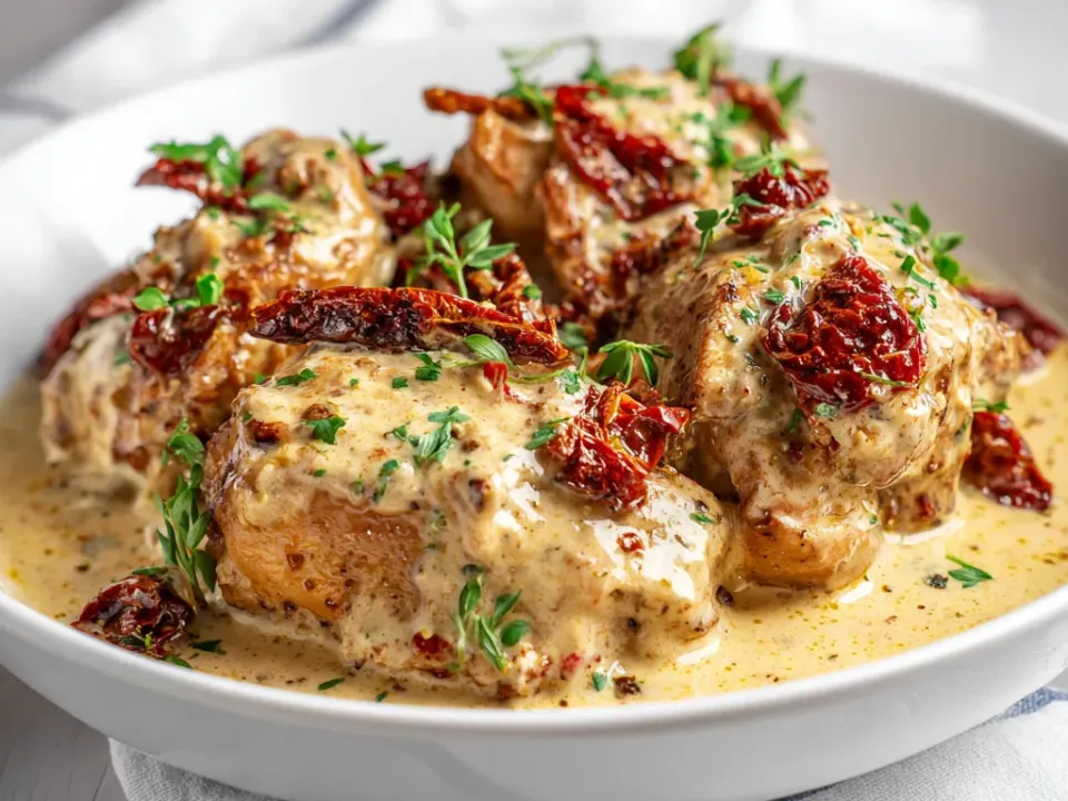 Chicken pieces in a creamy sauce topped with sun-dried tomatoes and fresh herbs in a white bowl