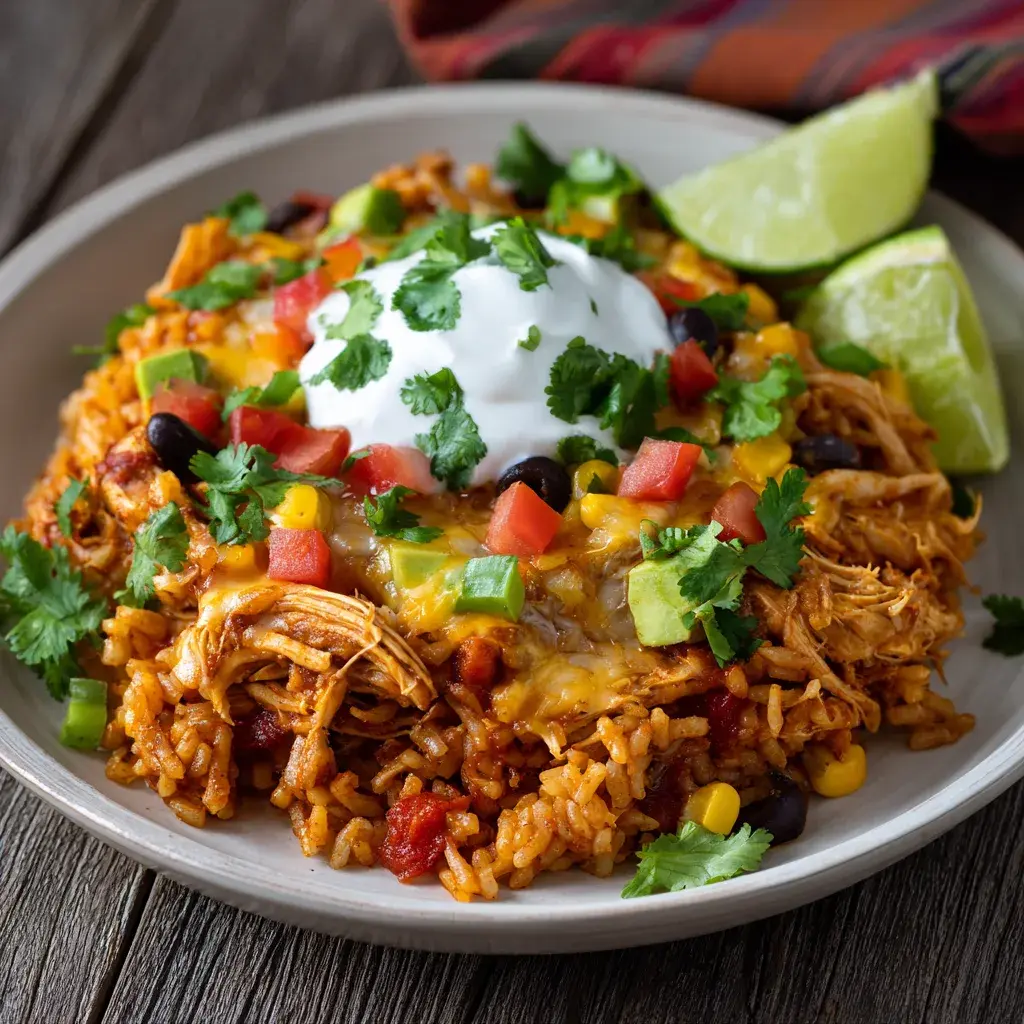 Shredded chicken over seasoned rice with black beans, corn and melted cheese, topped with sour cream, diced tomato, cilantro and lime wedges