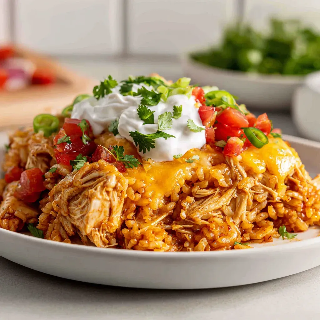 Tex-Mex chicken and rice topped with melted cheese, diced tomatoes, sliced jalapeño, sour cream and cilantro on a white plate