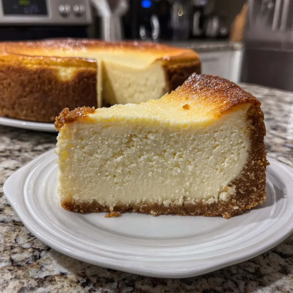 Slice of plain baked cheesecake with a golden top and graham cracker crust on a white plate, with the rest of the cheesecake behind it