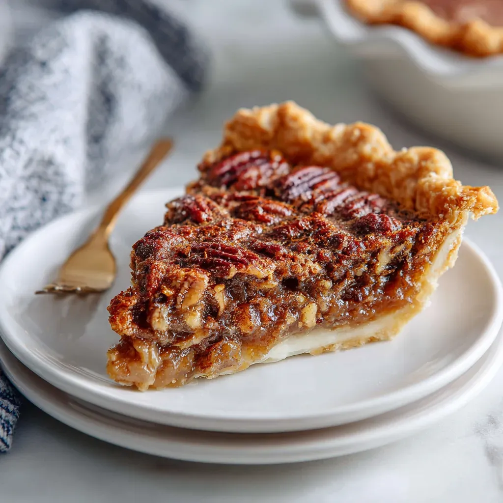 Slice of pecan pie with a glossy pecan-topped filling and flaky crust on stacked white plates with a fork