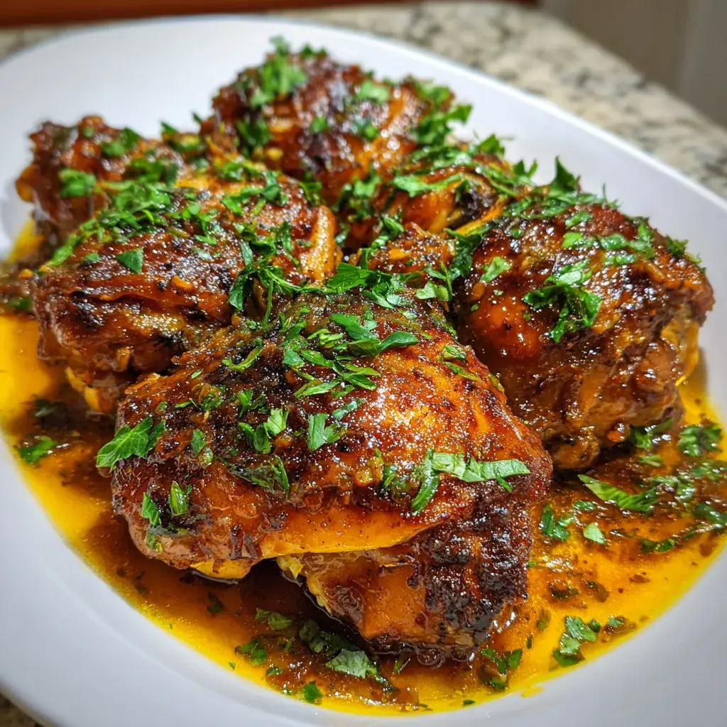Whole bone-in chicken thighs with a deeply browned crust in a thin golden hot-honey sauce on a white platter, scattered with chopped parsley