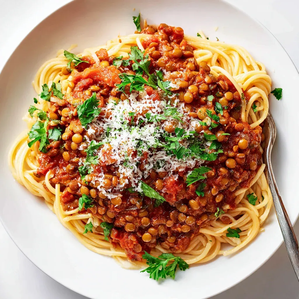 Overhead view of spaghetti topped with lentil bolognese, grated Parmesan and chopped parsley on a white plate