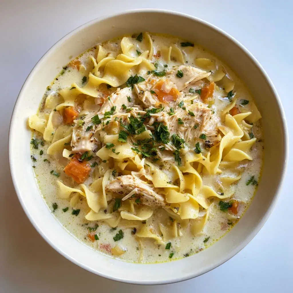 Creamy chicken noodle soup in a white bowl, seen from above, with wide egg noodles, shredded chicken, diced carrot and chopped herbs