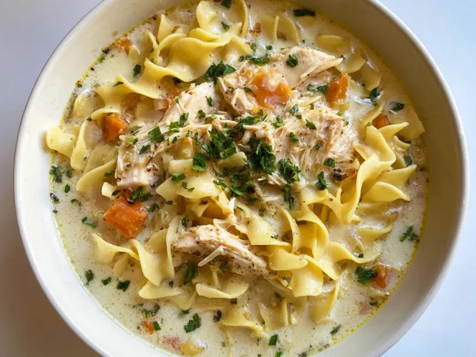 Creamy chicken noodle soup in a white bowl, seen from above, with wide egg noodles, shredded chicken, diced carrot and chopped herbs