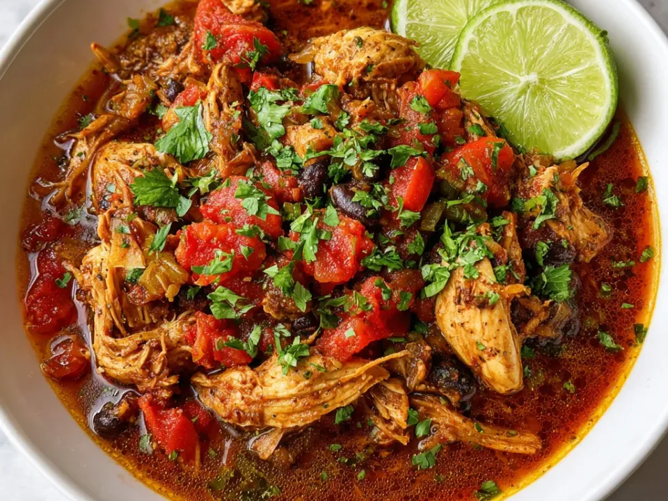 Shredded chicken in a red-orange sauce with black beans and diced tomato in a white bowl, scattered with cilantro and two lime slices