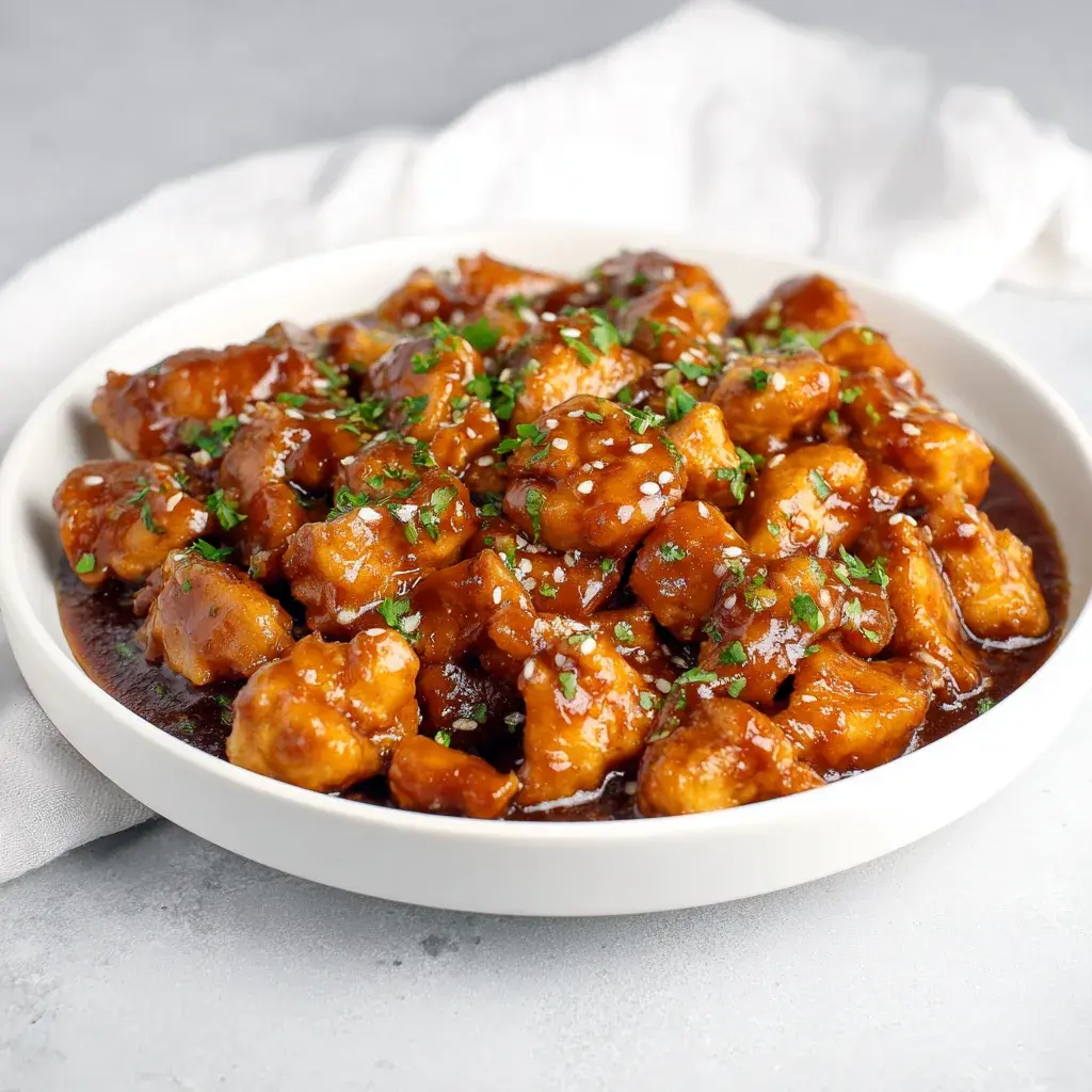 Bite-sized chicken chunks in a thick dark sticky glaze in a shallow white bowl, scattered with sesame seeds and chopped herbs