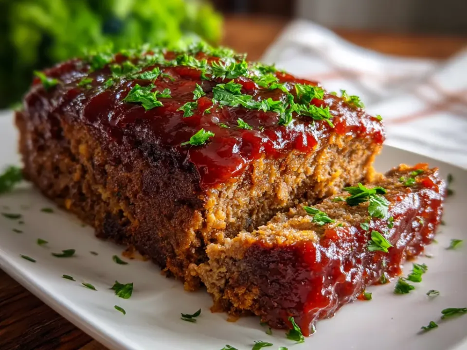 A meatloaf on a white platter with a glossy red glaze and chopped parsley on top, partly sliced so the cut face and two thick slices are visible.