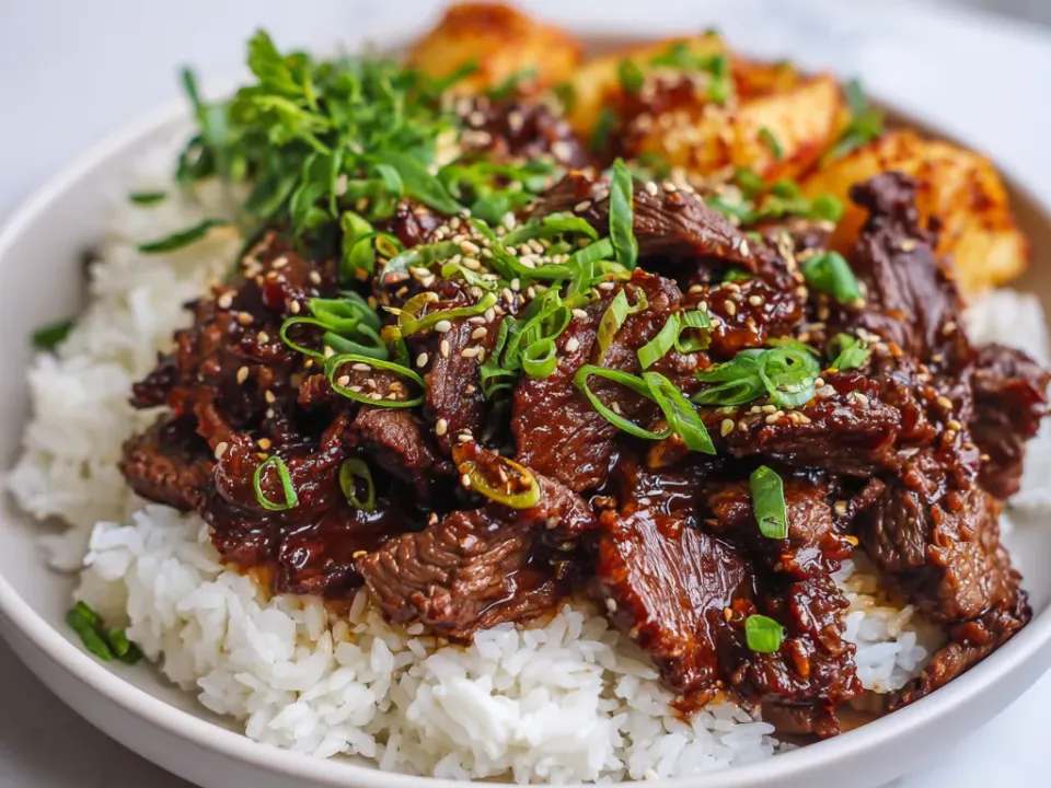 A shallow bowl of white rice topped with pieces of beef in a dark glossy sauce, scattered with sliced spring onion and sesame seeds, with roast potato wedges and herbs at the back.