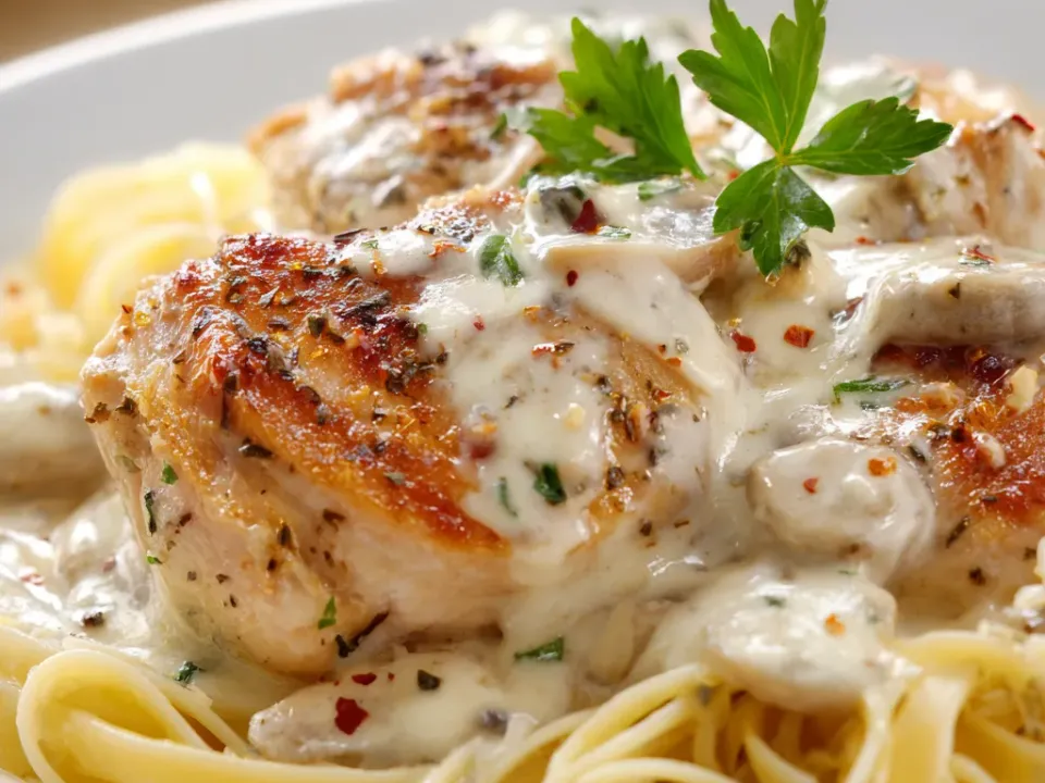 Browned chicken in a creamy white sauce flecked with red pepper over angel hair pasta, topped with a sprig of parsley