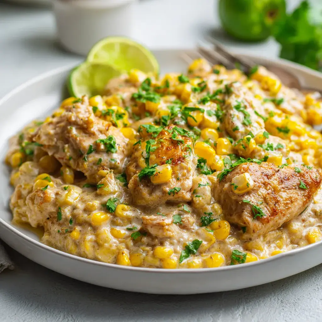 Pieces of chicken in a creamy corn sauce with chopped parsley and lime halves on a white plate