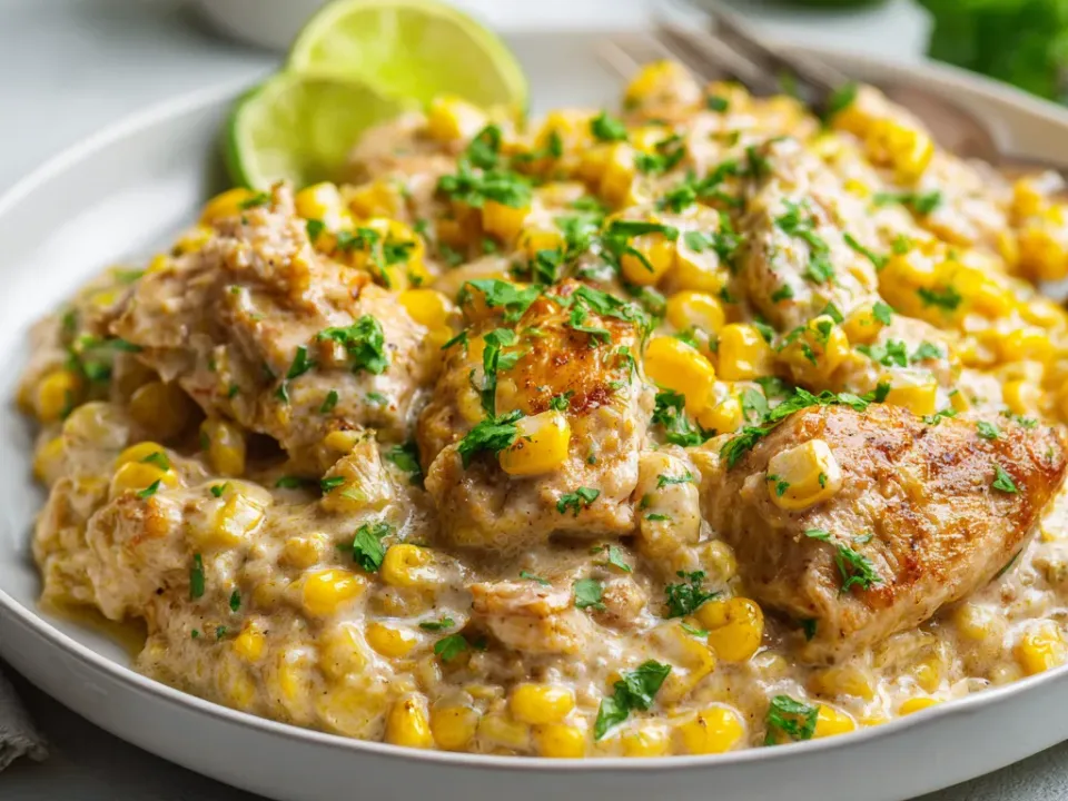 Pieces of chicken in a creamy corn sauce with chopped parsley and lime halves on a white plate