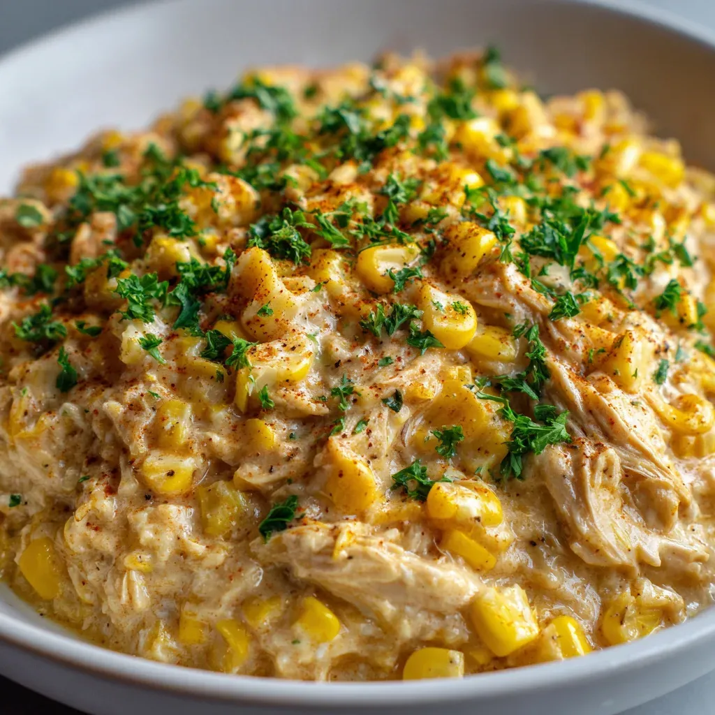 Close-up of shredded chicken and corn in a creamy sauce, topped with chopped fresh herbs and a dusting of red spice, in a white bowl