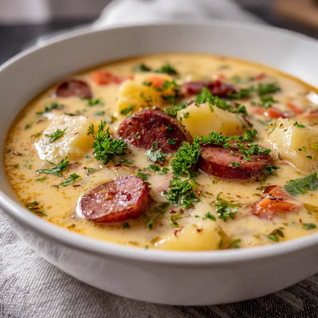 Creamy potato soup with sliced smoked kielbasa, potato chunks and chopped parsley in a white bowl