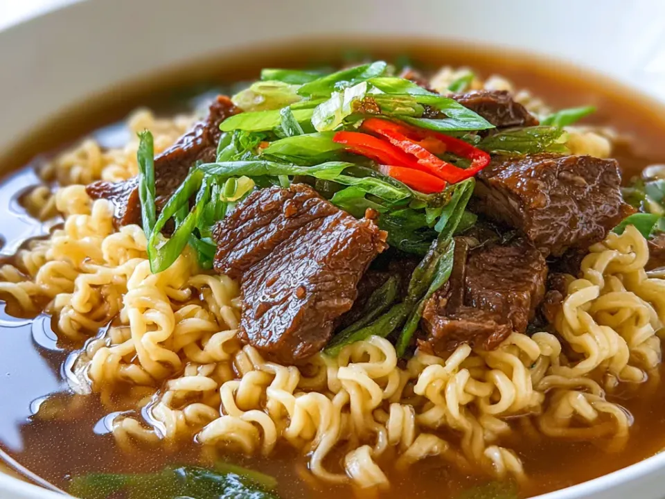 A white bowl of curly ramen noodles in a dark brown broth, topped with slices of braised beef, shredded greens, sliced green onion and strips of red chilli.