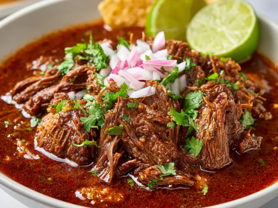 A white bowl of shredded beef in a deep red chile broth, topped with chopped coriander and pink pickled onion, with two lime halves and a tortilla chip on the rim.