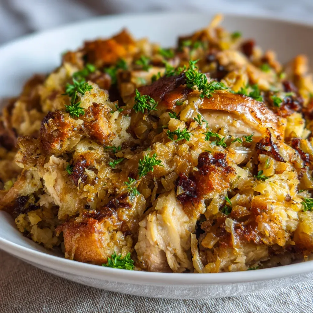 Close-up of chicken and stuffing in a white bowl, with browned stuffing, pulled chicken and sprigs of fresh thyme