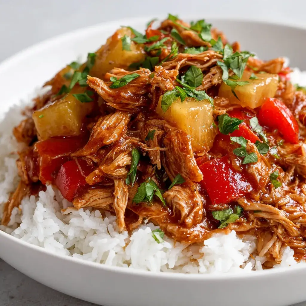 Shredded chicken in a glossy sauce with pineapple chunks and red bell pepper, served over white rice