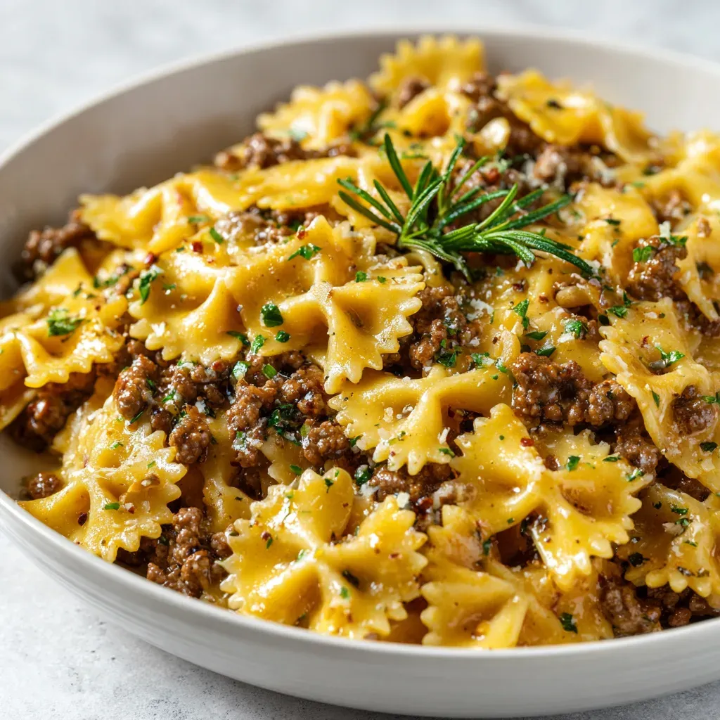 Garlic Butter Bowtie Pasta with Ground Beef